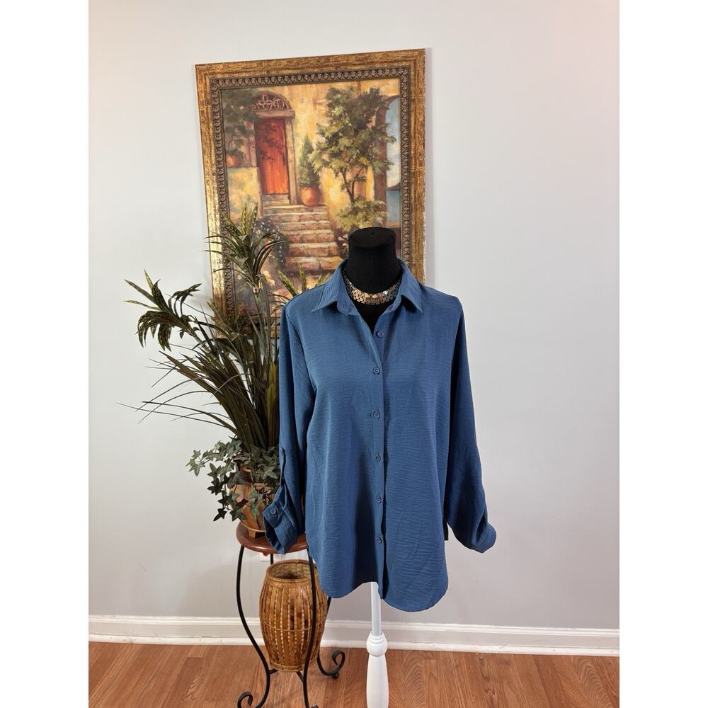 Odosalii Women Blouse L 3/4 Roll Tab Sleeve Collarless Comfy Boxy Blue Button